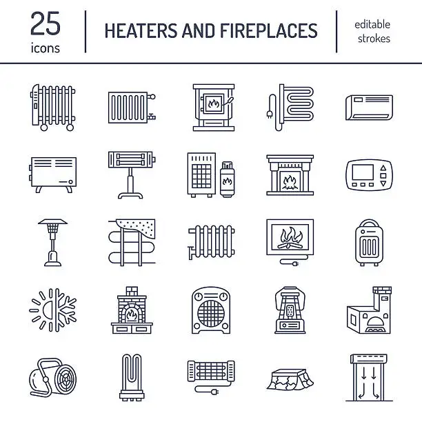 Vector illustration of Oil heater, fireplace, convector, panel column radiator and other house