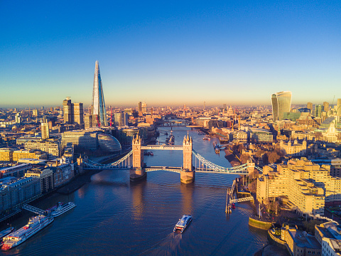 Aerial cityscape view of London and the River Thames, England, United Kingdom