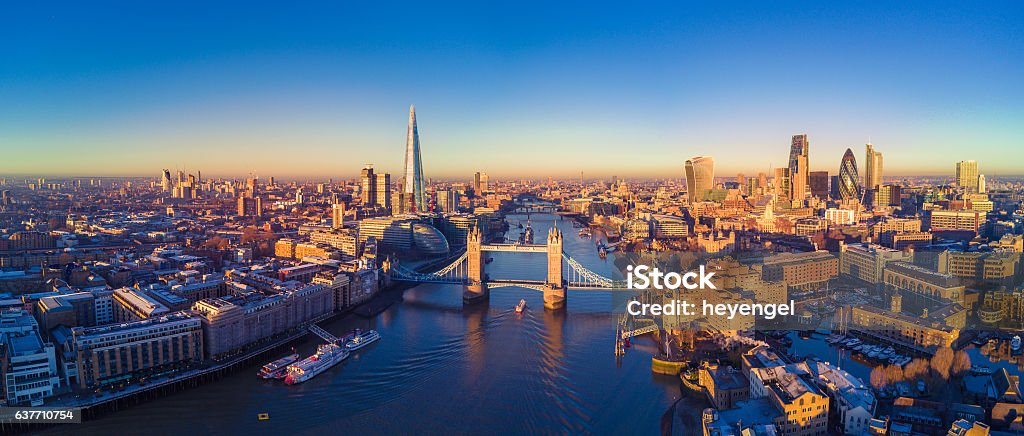 Aerial view of London and the River Thames Aerial panoramic cityscape view of London and the River Thames, England, United Kingdom London - England Stock Photo