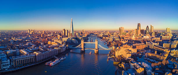 Aerial view of London and the River Thames Aerial panoramic cityscape view of London and the River Thames, England, United Kingdom european culture stock pictures, royalty-free photos & images