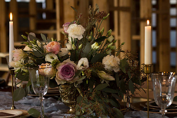 istock Laid Table By wedding banquet in a barn. Close-up. 637714616