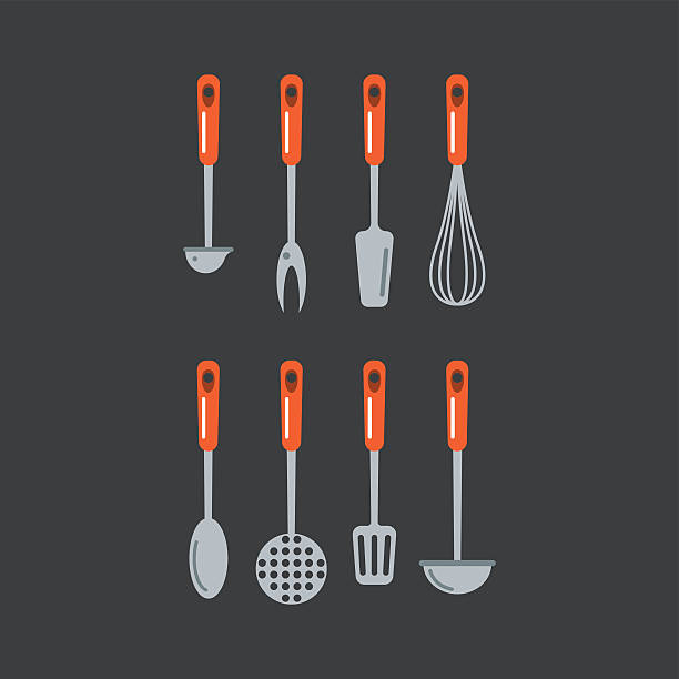 Kitchen home culinary equipment flat vector illustration. Set of kitchen metal ladle and cooking kitchenware utensil. Domestic steel stainless equipment. Everyday food preparation flat vector illustration. clip art of a potato masher stock illustrations