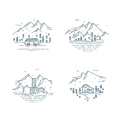 Flat line illustration with wild landscapes, travel concept set. Trendy vector design with house, trees, mountains, minivan and waterfall. Nature exploration card collection