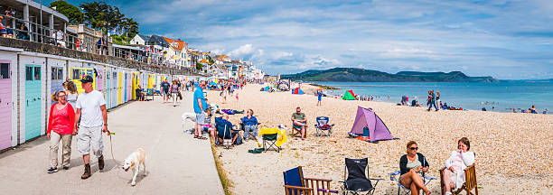 turisti che godono di affollata località balneare estiva lyme regis panorama dorset - family child crowd british culture foto e immagini stock