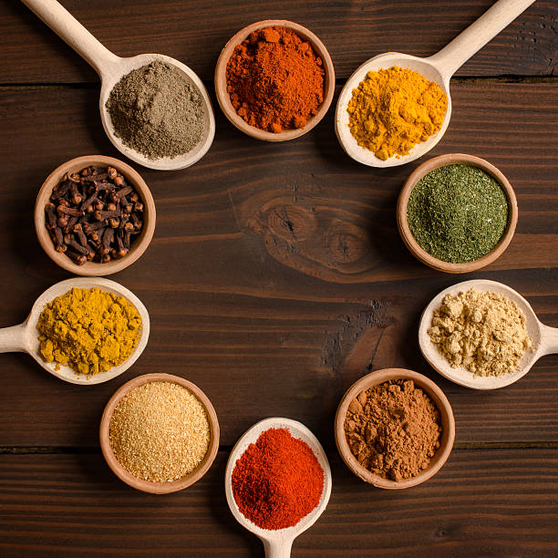 istock Different spices in bowls and mixing spoons  - Top view 637722990