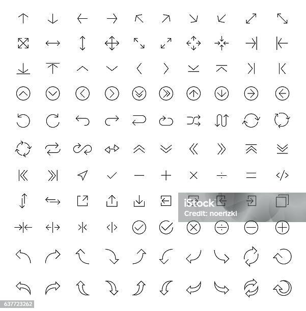 Symbolsatz Für Dünne Linienpfeile Stock Vektor Art und mehr Bilder von Pfeilzeichen - Pfeilzeichen, Icon, Plus-Zeichen