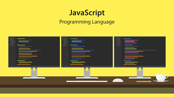 Illustration of JavaScript programming language code displayed on three monitor in a row at programmer workspace vector