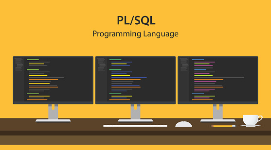 Illustration of PL SQL programming language code displayed on three monitor in a row at programmer workspace vector