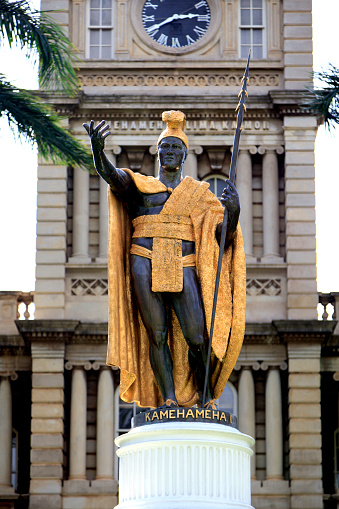 Honolulu, HI, USA - November 26, 2016: Kamehameha I: King Kamehameha Statue in front of Aliiolani Hale. King Kamehameha was a Hawaiian king.