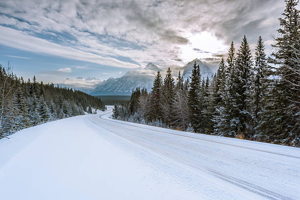 カナダのロッキー山脈のパノラマの冬の風景 - rocky mountains canada mountain winter ストックフォトと画像