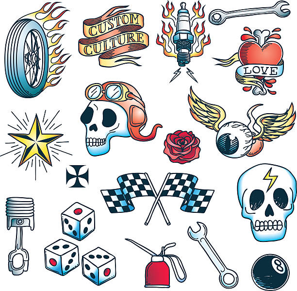 Antique Hot Rod Tattoo Set Stock Illustration - Download Image Now