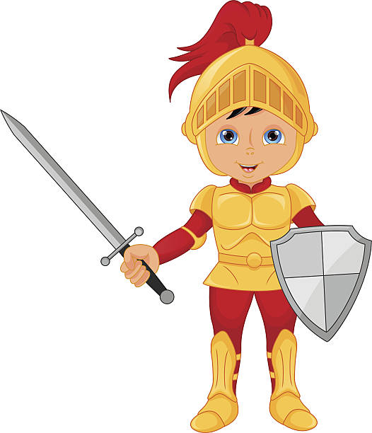 ilustraciones, imágenes clip art, dibujos animados e iconos de stock de niño de historieta knight - medieval knight helmet suit of armor