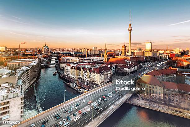 Berlin Cityscape With Television Tower Under At Sunset Hour Stock Photo - Download Image Now