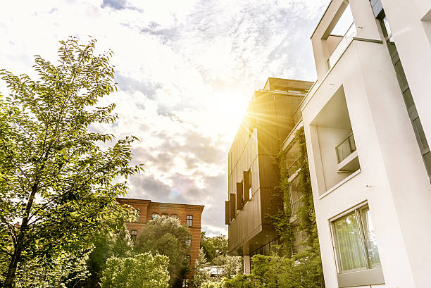 modern cubic residential architecture in berlin in sunshine