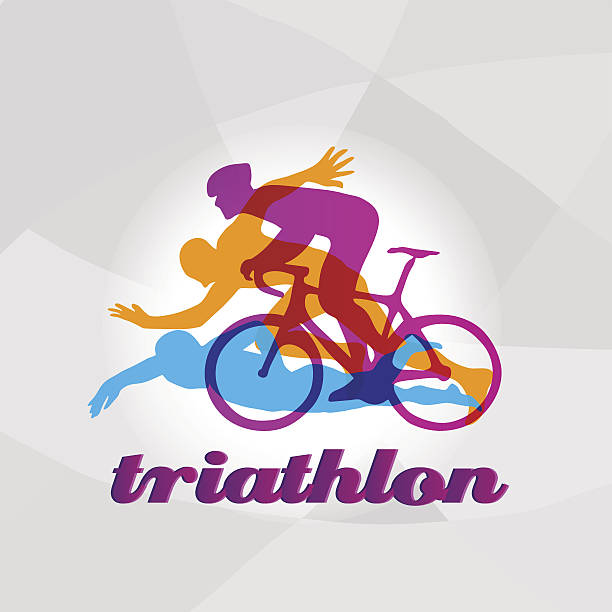 ilustraciones, imágenes clip art, dibujos animados e iconos de stock de color triatlón de logotipo plano. triatletas de figuras vectoriales - triatleta