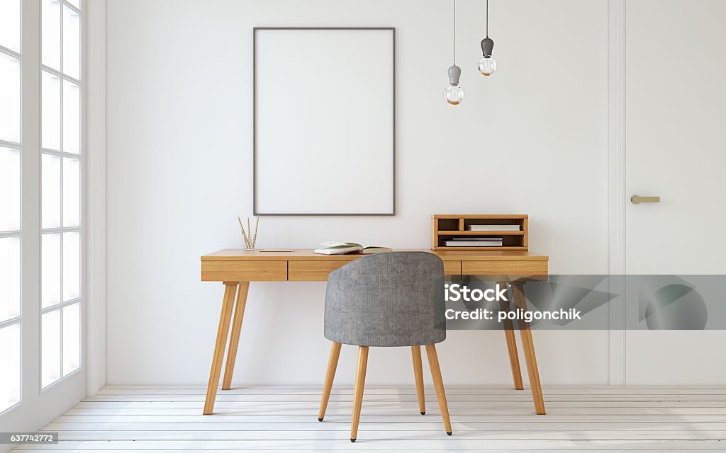 Home office interior. 3d render. Interior of home office in scandinavian style. Mock-up interior with poster. 3d render. Desk Stock Photo
