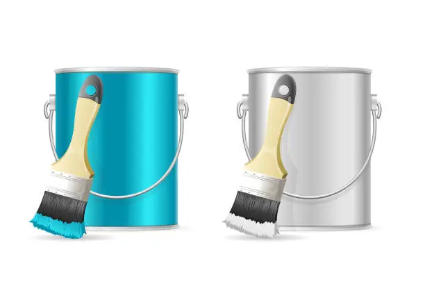 Vector illustration of Steel Can Bucket and Paint Brush. Vector