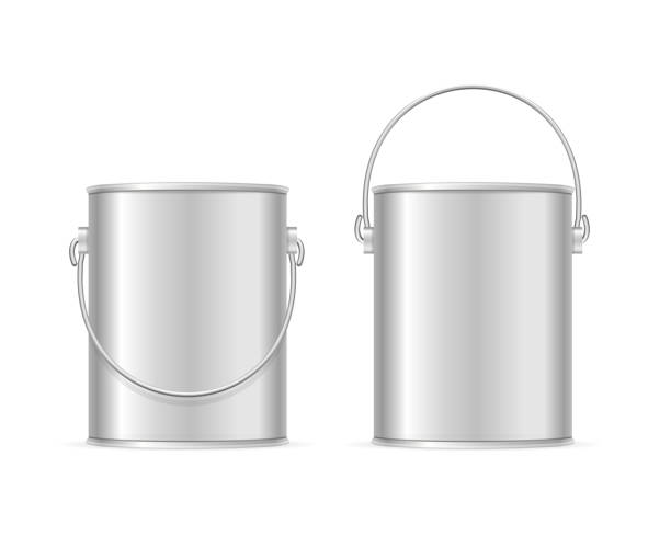 Steel Can Bucket Set. Vector Steel Can Bucket Set Realistic Template Empty Blank. Element Of Equipment Housework or Repair. Vector illustration metaphoral stock illustrations