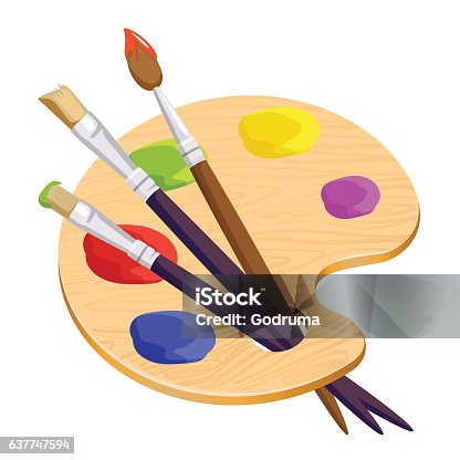 istock Isolated artist palette with three long different brushes inside on 637747594