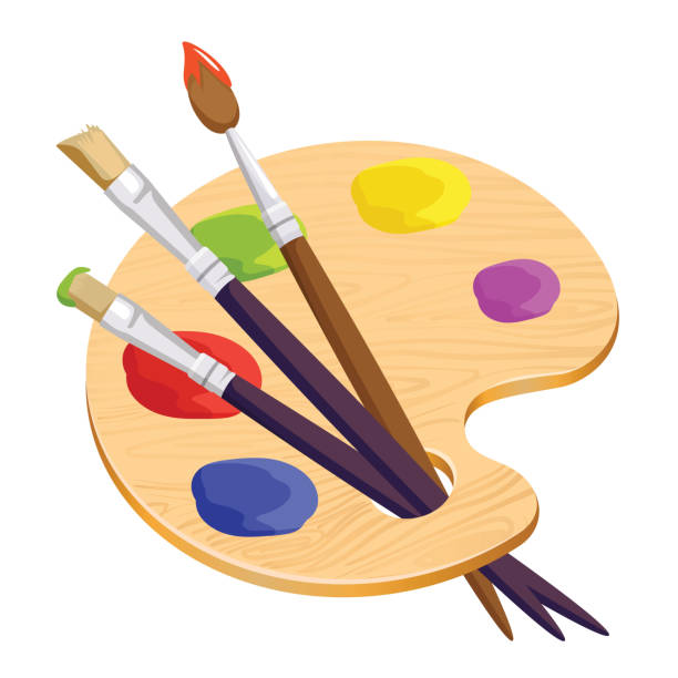 Isolated artist palette with three long different brushes inside on Isolated artist palette with three long different brushes inside on white. Vector illustration of cartoon wooden thing with colourful round spots of paints. Set for creating pictures and portraits brush stock illustrations