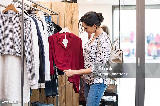 Happy Girl At Clothing Store Stock Photo - Download Image Now - Shopping, Retail, Clothing