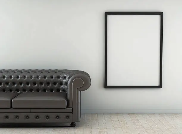 Photo of leather sofa in white room with wood floor. 3d