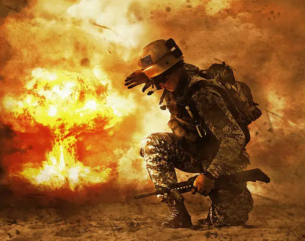 Photo of soldier turning to mushroom cloud