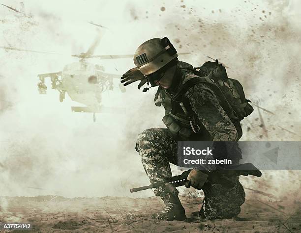 Us Soldier And Combat Helicopter Approaching Stock Photo - Download Image Now - Armed Forces, Army Soldier, Military