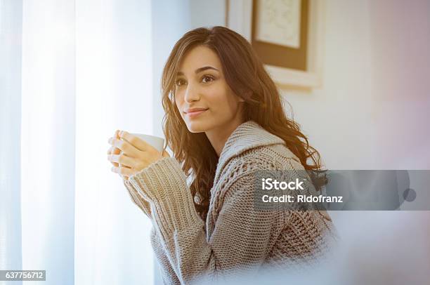 Woman Enjoying Morning Coffee Stock Photo - Download Image Now - Women, Winter, People