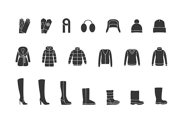 Winter clothes, shoes black icons set. Vector Winter clothes and shoes black icons set. Vector cardigan sweater stock illustrations