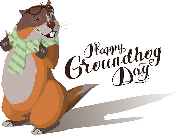 ilustraciones, imágenes clip art, dibujos animados e iconos de stock de feliz día de la marmota. marmota proyecta sombra. texto con letras - groundhog day