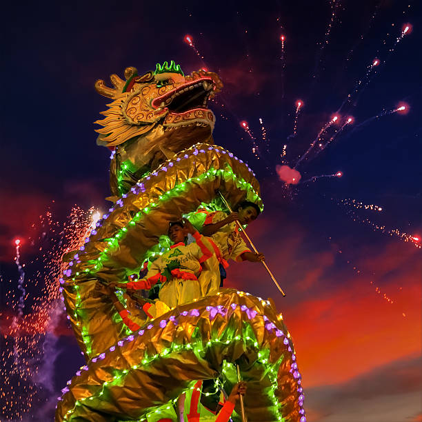 Panoramic view of a Dragon breathing fire during a 