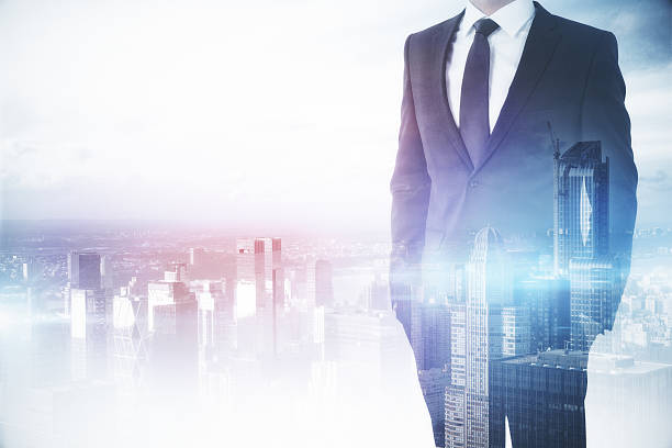 istock Man on city background multiexposure 637761092