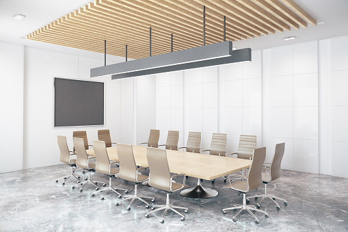 Contemporary conference room with empty chalkboard. Side view, Mock up, 3D Rendering