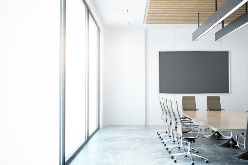 Modern conference room with empty chalkboard. Mock up, 3D Rendering