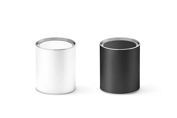 Blank black and white cylinder tincan mockup, isolated, 3d rendering. Small cylindrical canned container with label on lid mock up. Preserved food packaging template.
