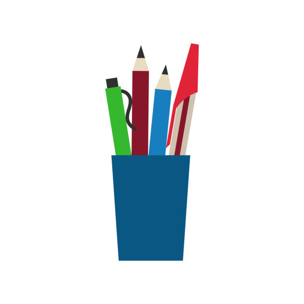 цветные инженерные офисные ручки и карандаши вектор иллюстрации - stationary pen orange work tool stock illustrations