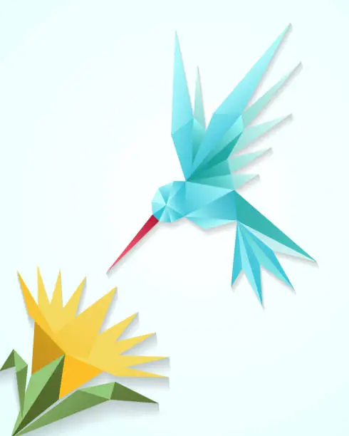 Vector illustration of Origami hummingbird with flower. Paper 3D humming bird vector illustration