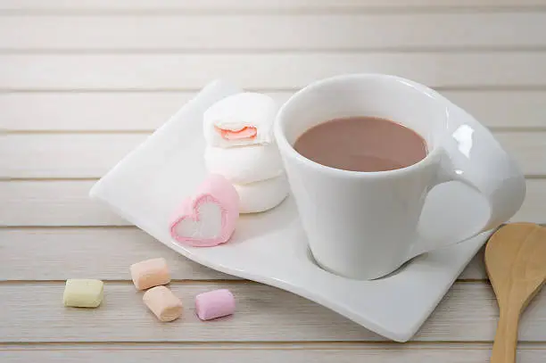 Hot chocolate with marshmallows in a ceramic cup with copy space to write, Valentine concept, AF point selection.