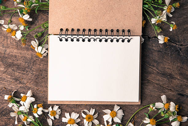 istock Blank notebook with white flower and bas ket of flower 637766242