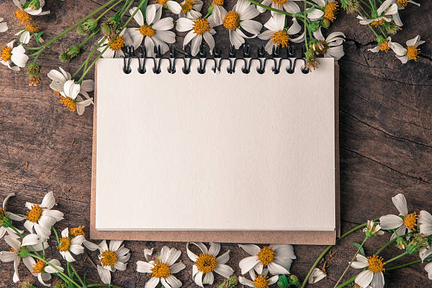 istock Blank notebook with white flower and bas ket of flower 637766294