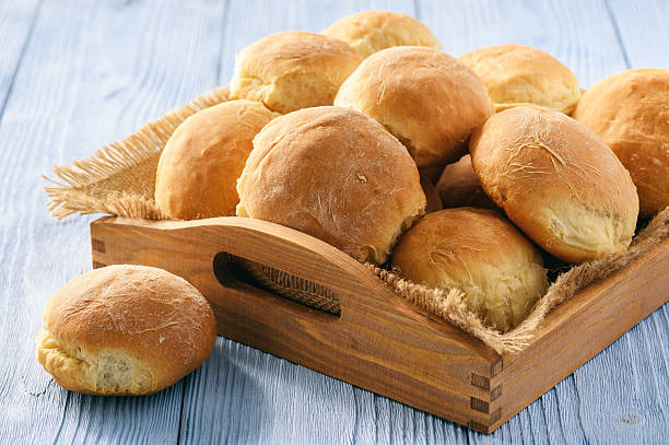 istock Homemade potato bread roll on wooden tray. 637769576