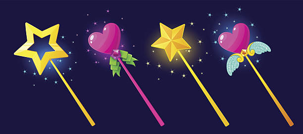 The magical power of a magic wand The magical power of a magic wand, tricks, wishes and witchcraft. Vector illustration.Set isolated on a dark background.Game icon.Design for app user interface and score display. bewitchment stock illustrations