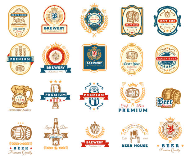 illustrazioni stock, clip art, cartoni animati e icone di tendenza di collezione di emblemi di birra retrò, badge, adesivi - lager beer