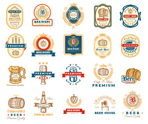 ilustrações de stock, clip art, desenhos animados e ícones de collection of retro beer emblems, badges, stickers - lager beer