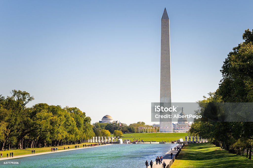 National Mall in Washington DC on a Clear Autumn Day Washington Monument on a Clear Autumn Day. There are People are walking along the pool in foreground while  the Congress is Visible in Background. Washington DC Stock Photo