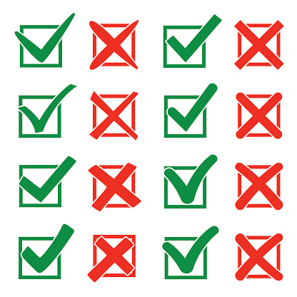 Mark X and V over check box. Green hooks, red crosses. Yes No icons for websites or applications. Right Wrong signs isolated on white. Red cross, green tick vector set illustration
