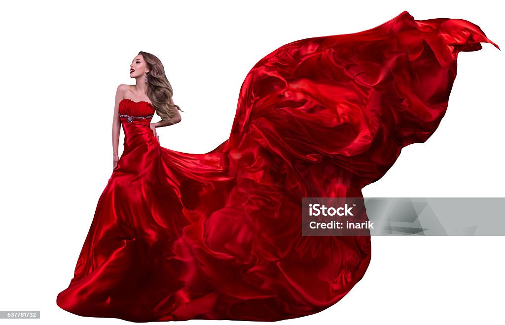 Woman Fashion Red Dress, Gown Waving Wind, Flying Silk Fabric Woman Fashion Red Dress, Gown Waving on Wind, Girl with Flying Silk Fabric Isolated over White Flowing Stock Photo