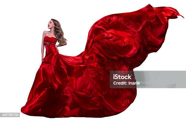 Woman Fashion Red Dress Gown Waving Wind Flying Silk Fabric Stock Photo - Download Image Now