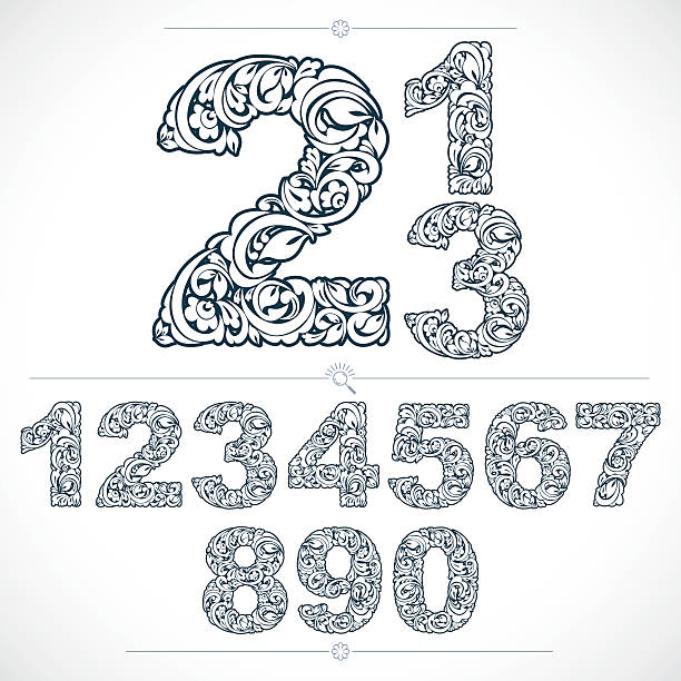 ein set von vektor verzierten zahlen, numeration blumen-muster. schwarz - flowerpatterned stock-grafiken, -clipart, -cartoons und -symbole